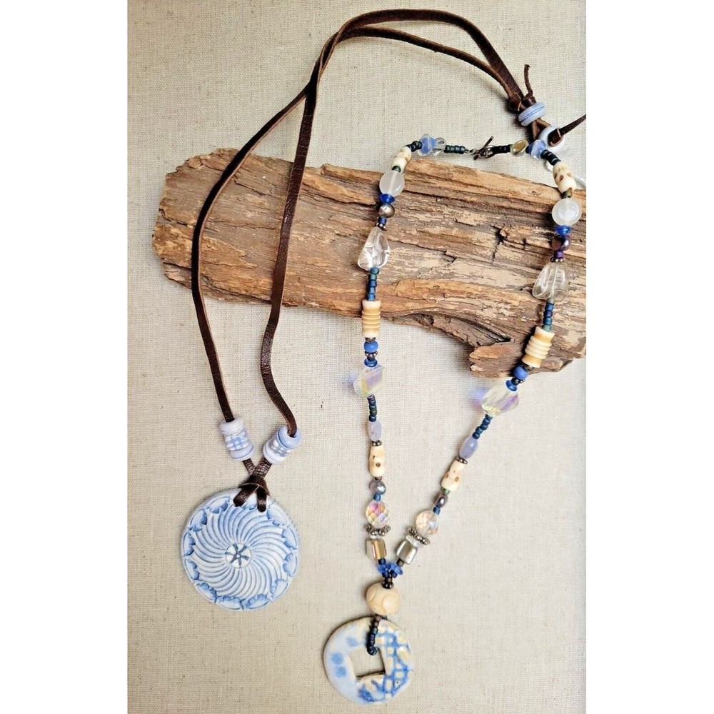 Ceramic Glass Shell Beaded Necklace Blues Handmade Leather Cord Modern lot of 2